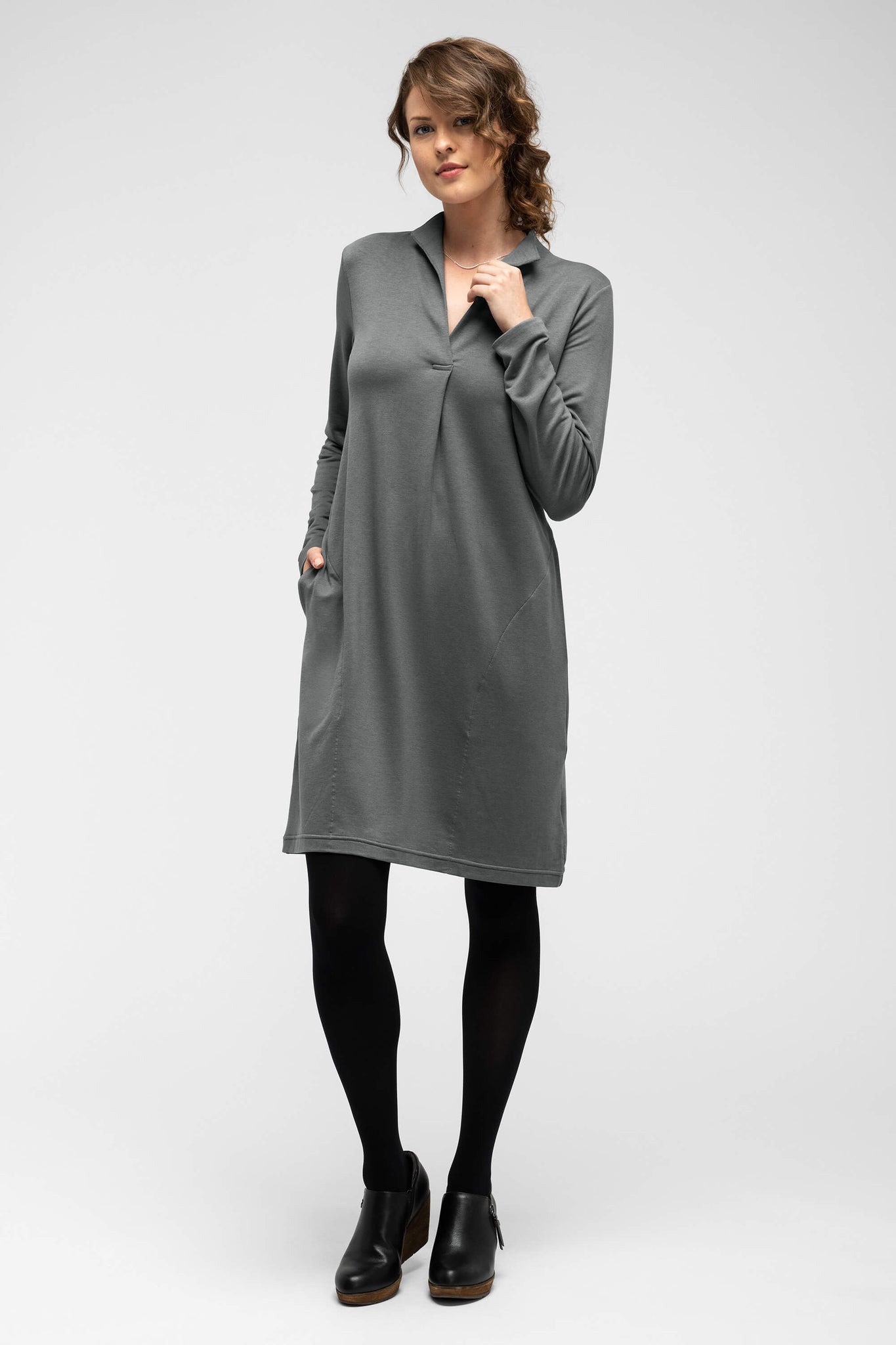 women's long sleeve elementerry dress with mock v neck - shadow